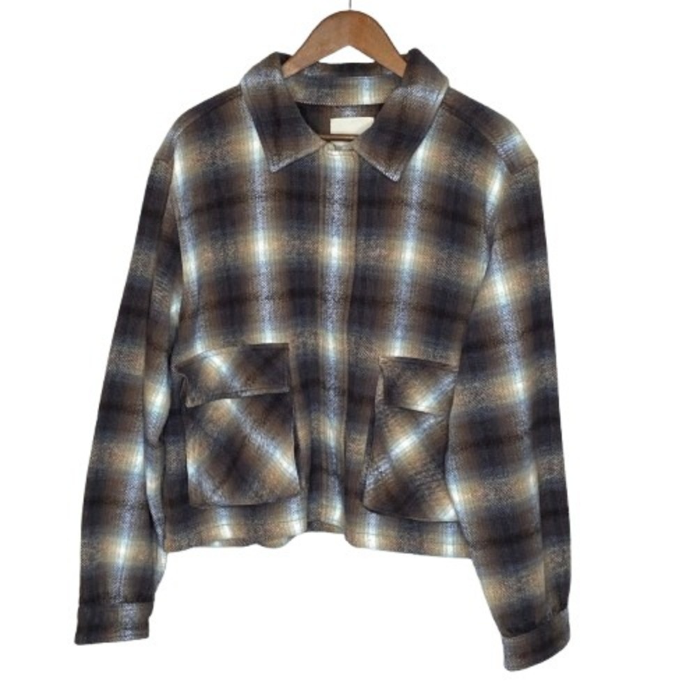 Lucky Brand Womens Flannel Plaid Cropped Jacket XL Brown Granola Girl Preppy
